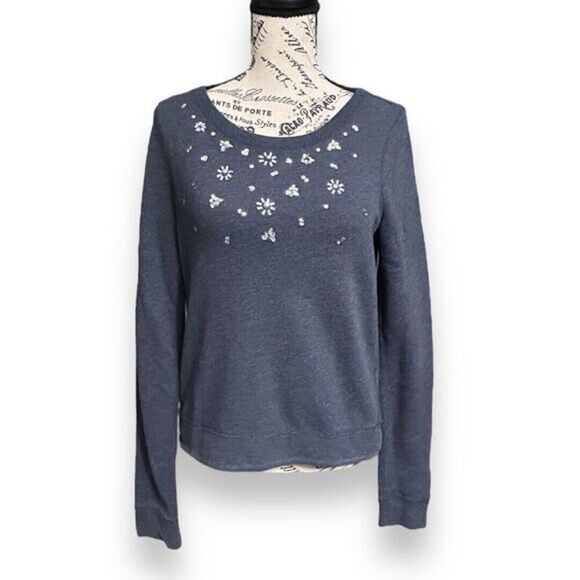 Hollister Heather Blue Gray Sequin Floral Pullover Sweatshirt Winter Preppy Sz S - Picture 2 of 6